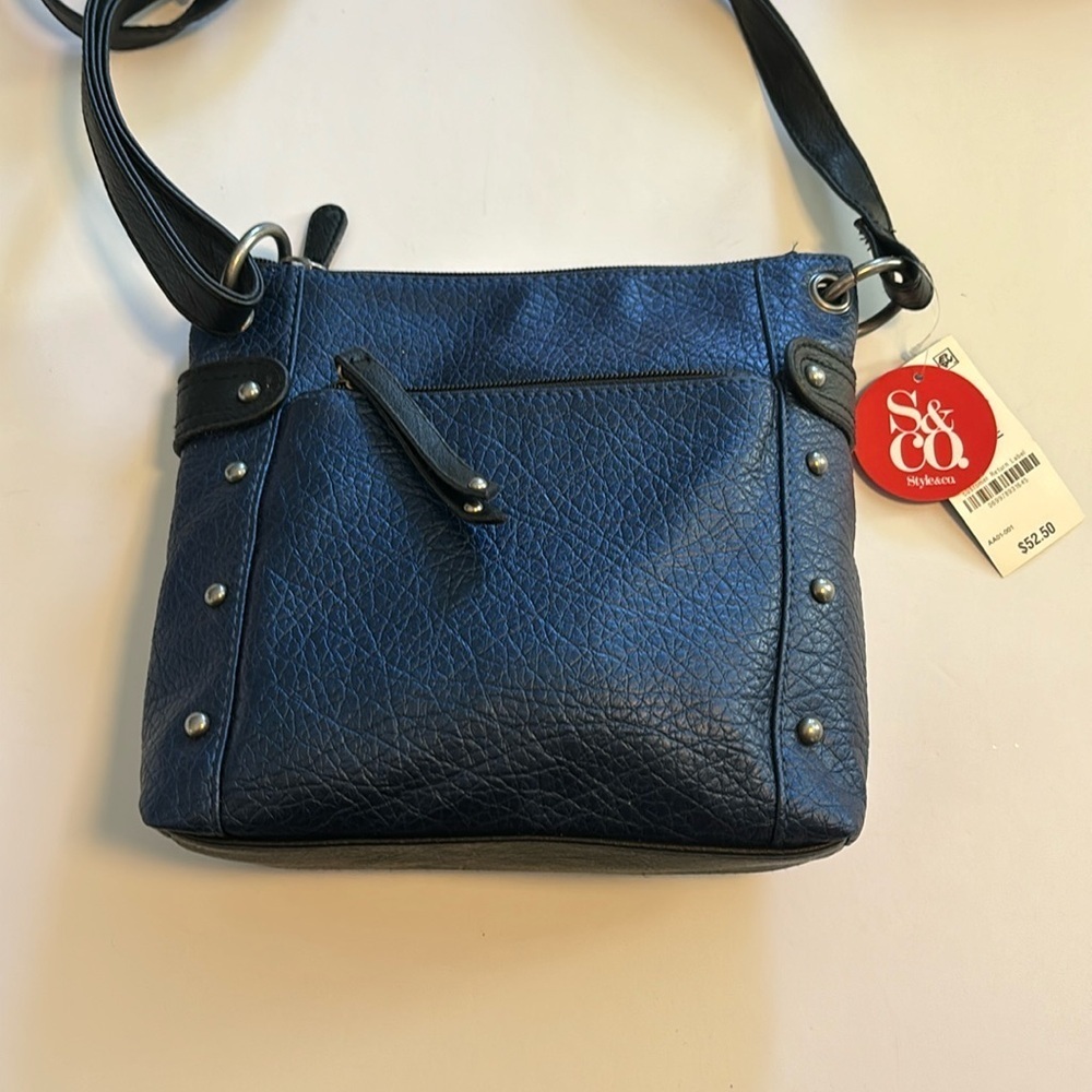 STYLE &CO NWTS DEEP BLUE SHOULDER BAG VEGAN LEATHER 10”X 9” ADJUSTABLE  STRAP - Picture 2 of 10